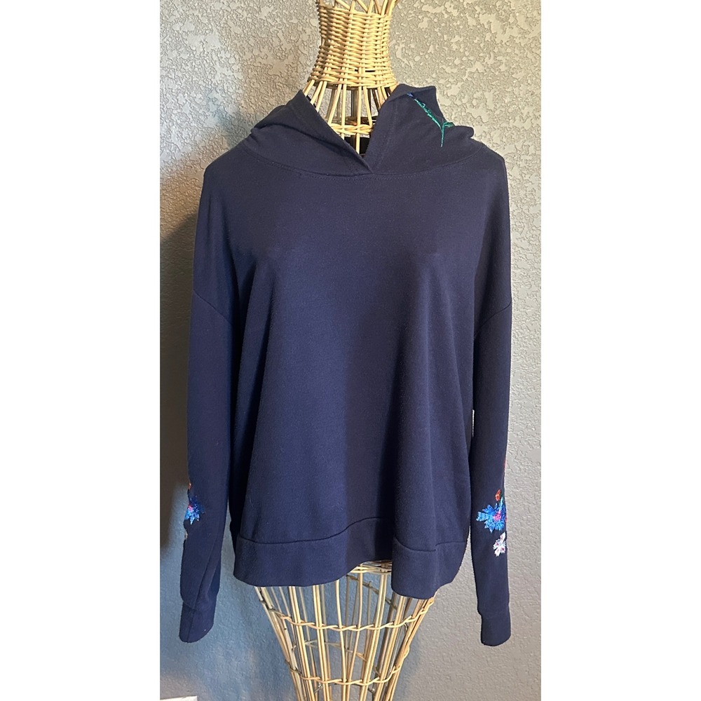 Crave‎ Fame Almost Famous Navy Blue Floral Embroidered Hoodie Sweatshirt Large